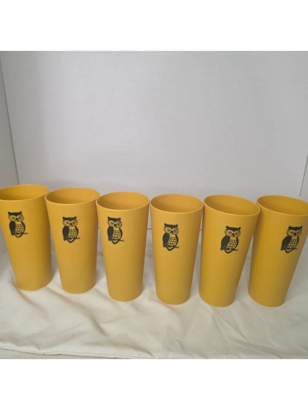 Vintage 1970s Yellow Owl Plastic Tumblers Set of 6 Retro MCM